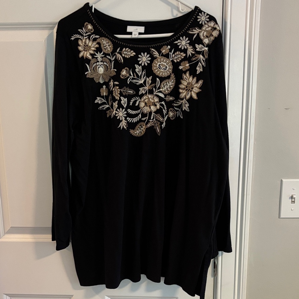J. Jill Black Top with Gold Floral Embroidery